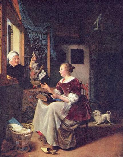 Pieter Cornelisz. van Slingelandt A young lacemaker is interrupted by a birdseller who offers her ware through the window oil painting image
